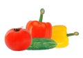 Fresh yellow and red paprika pepper, tomato and cucumber isolate Royalty Free Stock Photo