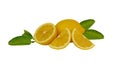 Fresh yellow ripe lemon round fruit, half sliced fruits and green leaf isolated on white background, die cut with clipping path Royalty Free Stock Photo