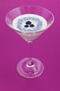 Fresh yoghurt with blueberries in a glass on pink background.