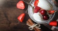 Fresh yogurt with berries. Ice cream in a bowl with fresh and juicy strawberries and cherries. Dessert with red berries. Royalty Free Stock Photo