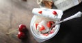 Fresh yogurt with berries. Ice cream in a bowl with fresh and juicy strawberries and cherries. Dessert with red berries Royalty Free Stock Photo