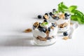 Fresh yogurt with cereals, muesli and blueberries in a glass close-up, on white. Healthy breakfast eating