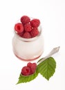 Fresh Yogurt in a jar with Raspberries, leaves
