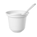 Fresh yogurt in white realistic plastic container with metal spoon. 3d packaging mockup, open sour cream cup. Tasty