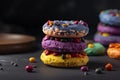 Fresh yummy colorful donuts on grey background