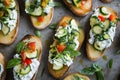 Fresh zucchini bruschetta with ricotta and basil on toasted bread Royalty Free Stock Photo