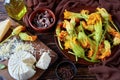 Fresh zucchini flowers prepared for stuffing Royalty Free Stock Photo