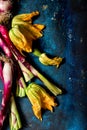 Fresh zucchini flowers and tropea onions over blue back Royalty Free Stock Photo