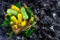 Fresh zucchini, green vegetables on local farmer market, freshly harvested courgette, summer squash. place for text Royalty Free Stock Photo