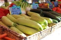 Fresh zucchinis at a farmer market in France, Europe. Italian vegetables. Street French market at Nice.