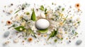 Easter Bliss: Vibrant Quail Eggs and Blooms on a White Canvas for a Fresh Spring Look (Top View)
