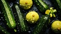 Freshgreen zucchini or courgettes with water drops background. Vegetables backdrop. Generative AI Royalty Free Stock Photo