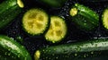 Freshgreen zucchini or courgettes with water drops background. Vegetables backdrop. Generative AI Royalty Free Stock Photo