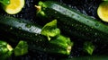 Freshgreen zucchini or courgettes with water drops background. Vegetables backdrop. Generative AI Royalty Free Stock Photo