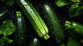 Freshgreen zucchini or courgettes with water drops background. Vegetables backdrop. Generative AI Royalty Free Stock Photo