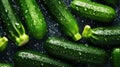 Freshgreen zucchini or courgettes with water drops background. Vegetables backdrop. Generative AI Royalty Free Stock Photo