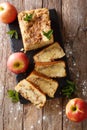 Freshly baked apple bread with cinnamon and mint close-up. Vertical top view