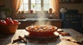 Freshly baked apple pie cooling on rustic kitchen table with sunlight Royalty Free Stock Photo