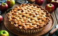 Freshly Baked Apple Pie With Golden Brown Lattice Crust on Wooden Table