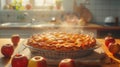 Freshly baked apple pie with a lattice crust is cooling on a wooden table