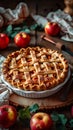 Freshly baked apple pie with a lattice crust is cooling on a wooden table