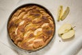 Freshly baked apple pie in round form, on the table, golden crust Royalty Free Stock Photo