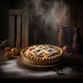 freshly baked apple pie on a rustic table setting.generated AI