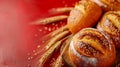 Freshly Baked Artisan Bread with Sesame Seeds on a Rustic Background Delicious Homemade Loaves Surrounded by Wheat Stalks on a Red Royalty Free Stock Photo