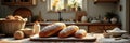 Freshly baked artisan bread in sunlit kitchen with rustic decor and ingredients Royalty Free Stock Photo