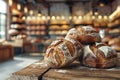 Freshly Baked Artisan Bread on Wooden Counter in Rustic Bakery Shop with Warm Ambient Lighting Royalty Free Stock Photo