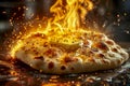 Freshly Baked Artisan Pizza with Melting Cheese and Golden Crust on Firewood Oven Background with Sparks Royalty Free Stock Photo