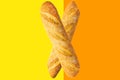 Freshly baked artisan whole french baguettes with golden crusty floury texture on duotone yellow orange background. Poster banner