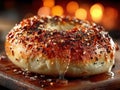 A freshly baked bagel placed on a wooden cutting board Royalty Free Stock Photo