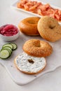 Freshly baked bagels served with dill cream cheese and salmon Royalty Free Stock Photo