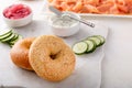 Freshly baked bagels served with dill cream cheese and salmon Royalty Free Stock Photo