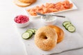 Freshly baked bagels served with dill cream cheese and salmon Royalty Free Stock Photo