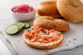 Freshly baked bagels served with dill cream cheese and salmon Royalty Free Stock Photo