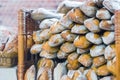 Freshly baked baguette breads for sale on counter of french bakery Royalty Free Stock Photo