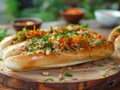 Freshly Baked Baguette Sandwich with Assorted Vegetables and Herbs on Rustic Wooden Board