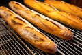 freshly baked baguettes cooling on metal grates