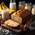 Freshly Baked Banana Bread with Ingredients