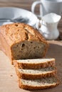 Freshly baked banana bread on wooden board Royalty Free Stock Photo