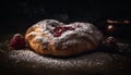 Freshly baked berry pie on rustic wooden table, irresistible temptation generated by AI