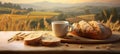Freshly baked bread, coffee, and tea on modern kitchen countertop for morning breakfast Royalty Free Stock Photo