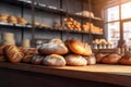 Freshly baked bread on the counter in a bakery. Baking concept. Generative AI.