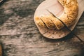 Freshly baked bread is cut into pieces Royalty Free Stock Photo