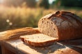 Freshly baked bread with ears of wheat on a natural background Royalty Free Stock Photo