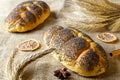 Freshly baked bread. Fresh loaf of rustic traditional bread with poppy seeds, wheat grain ear on linen texture background. Rye Royalty Free Stock Photo