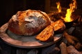 freshly baked bread with golden crust from stone oven