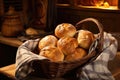 freshly baked bread rolls in a rustic basket Royalty Free Stock Photo